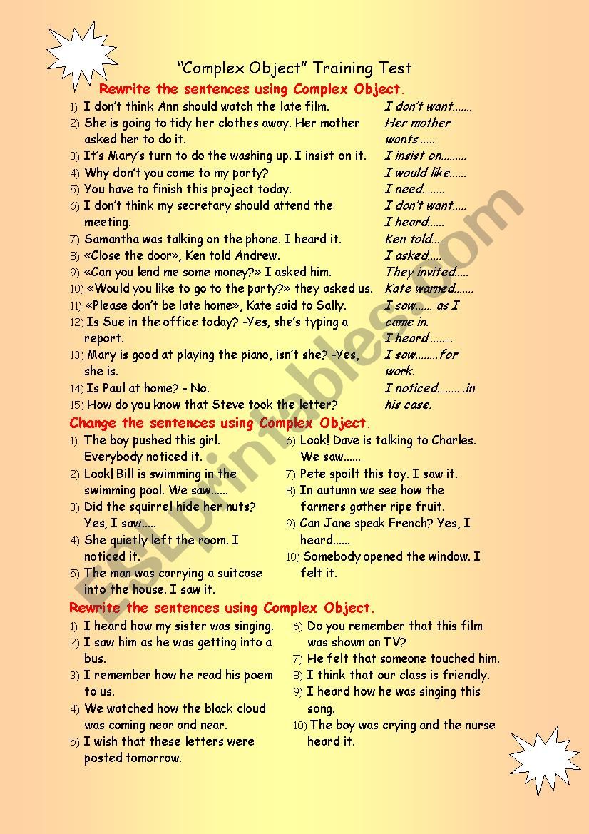 English sentence test. Комплекс Обджект упражнения. Комплекс Обджект в английском языке. Complex object Worksheets. Complex subject упражнения.