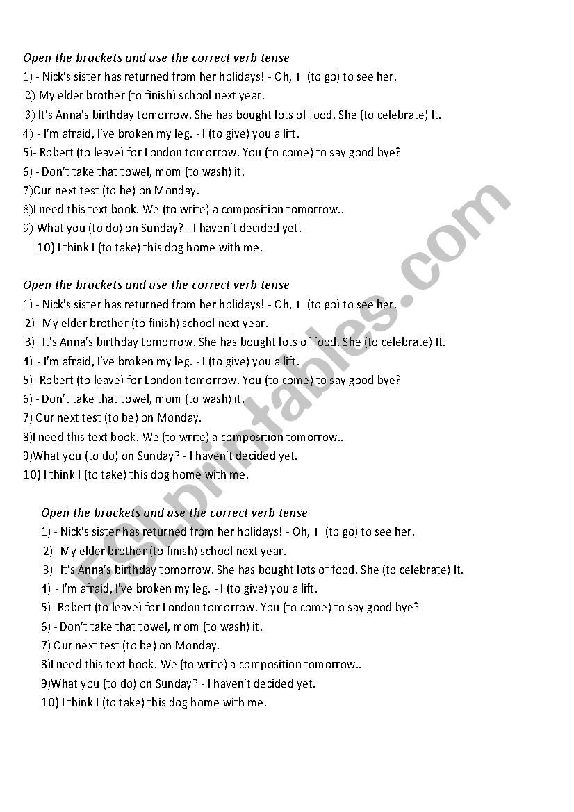 future actions -tenses worksheet