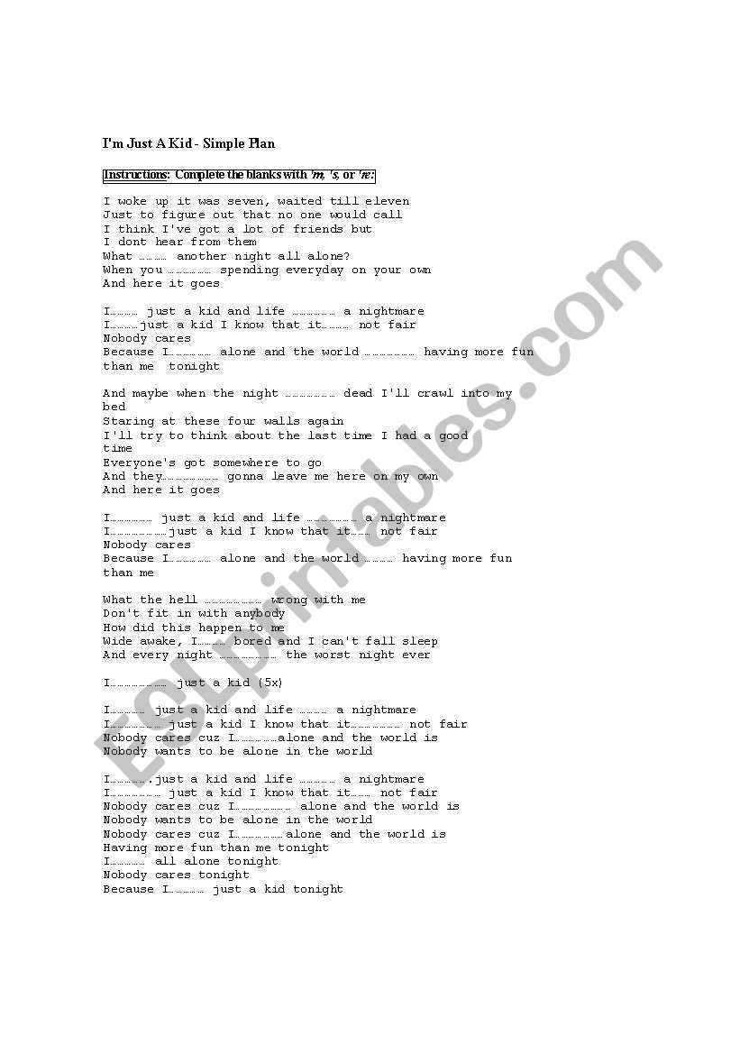 Im just a kid - song worksheet