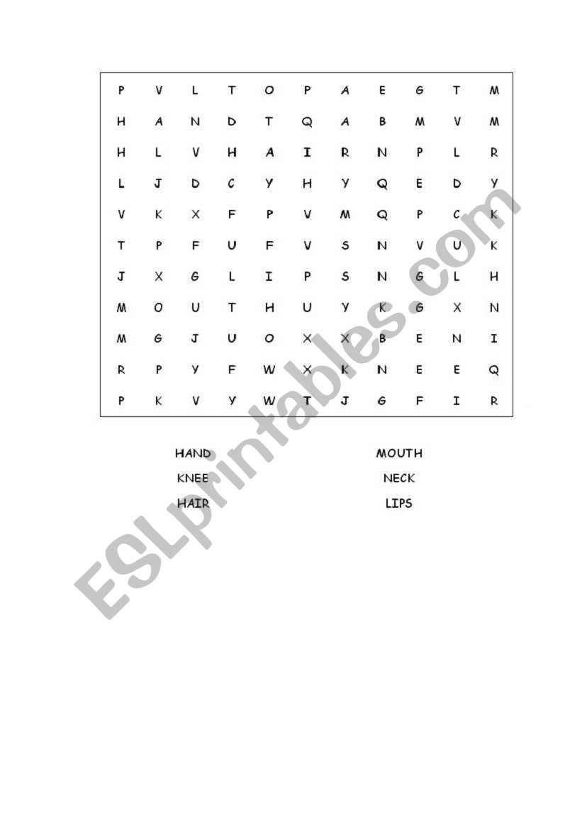 Body part word search worksheet