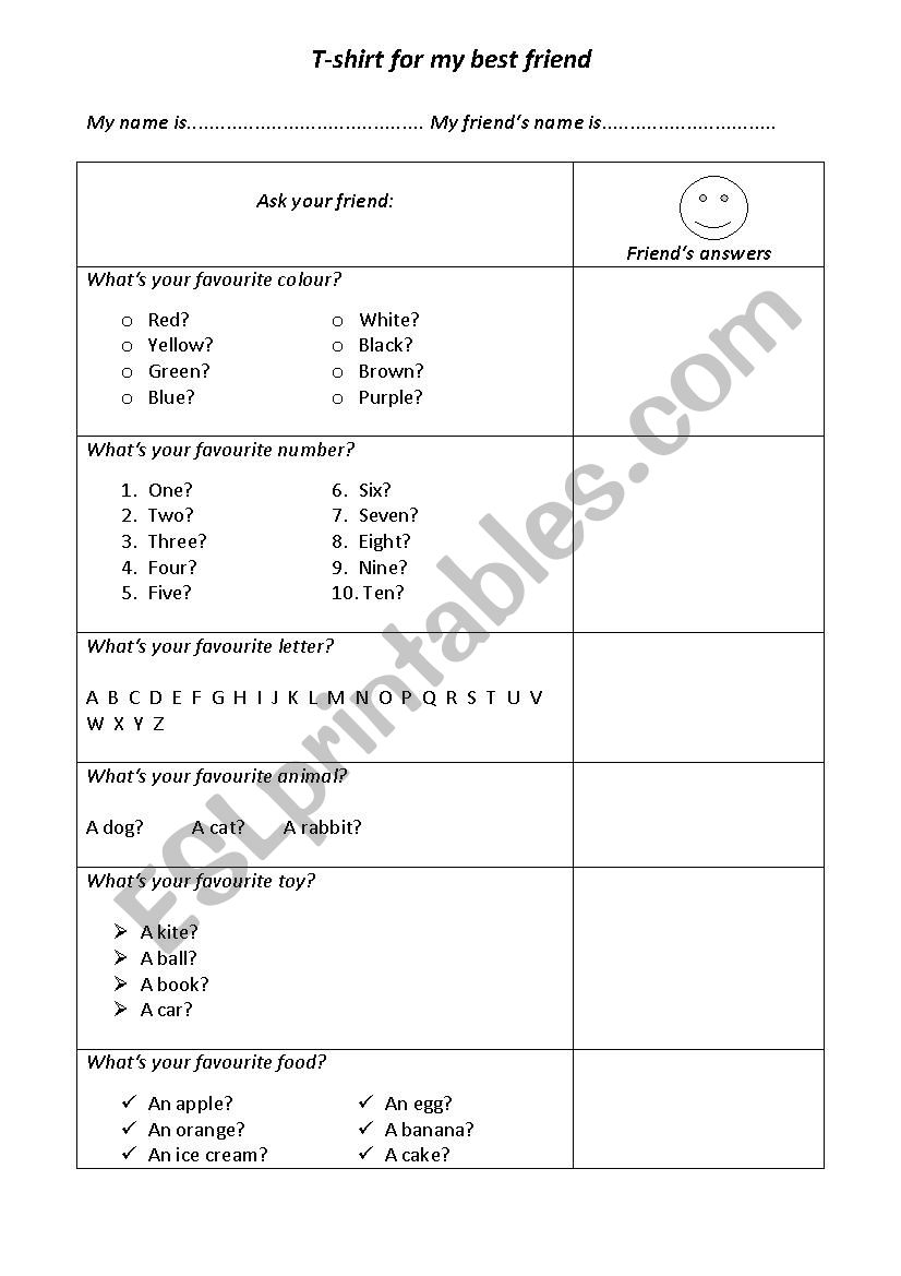 T-shir for my friend worksheet