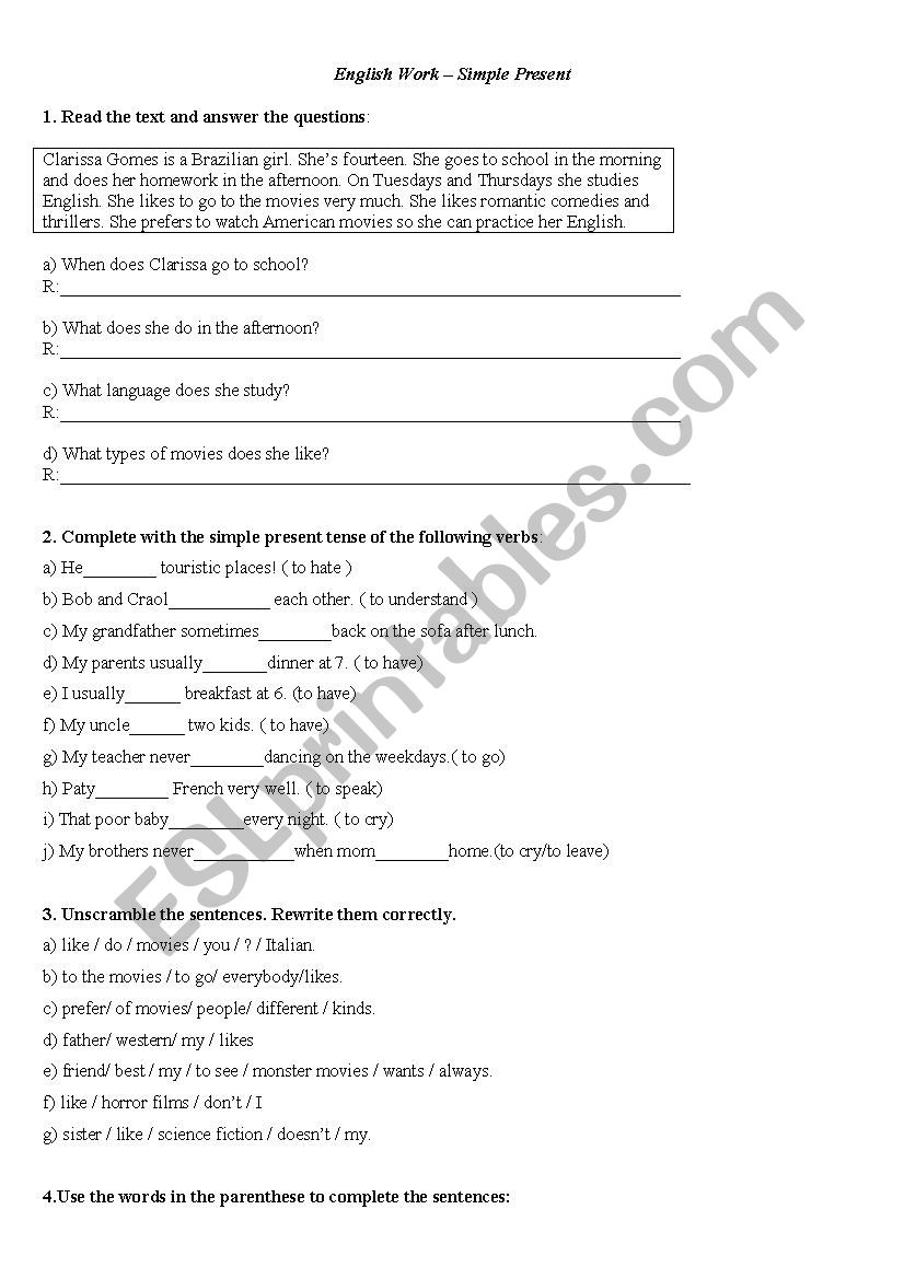 english work simple present worksheet