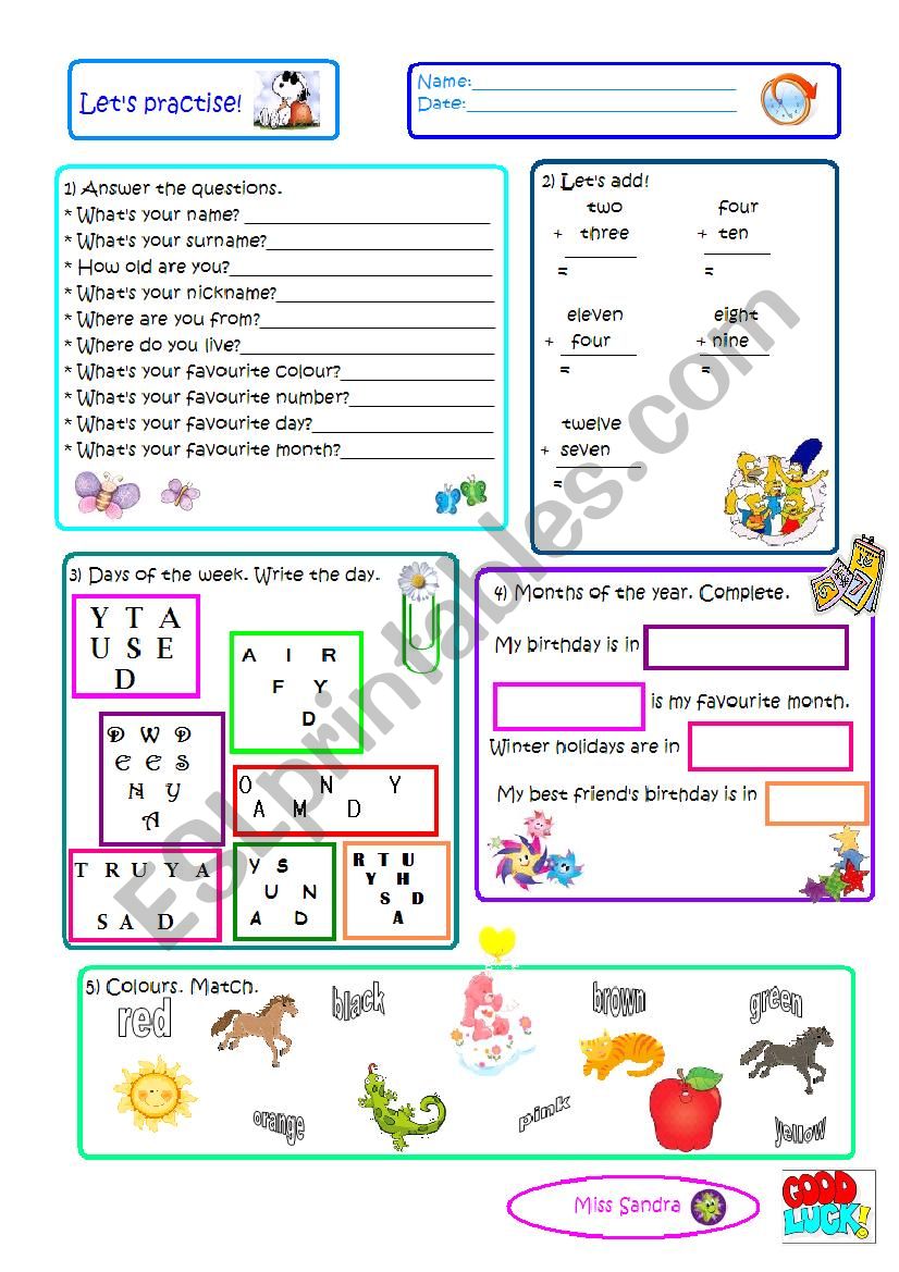 Revision Worksheet for elementary students (first classes)