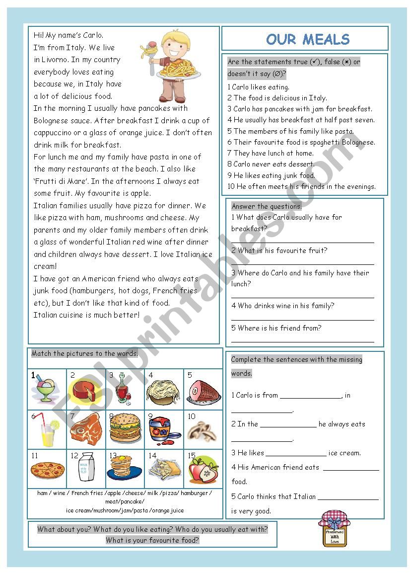 Our Meals worksheet