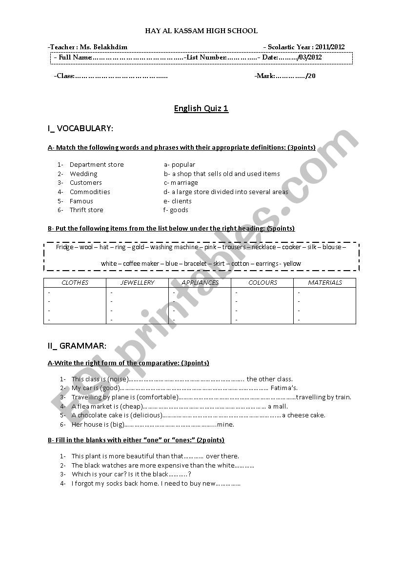 English Test worksheet