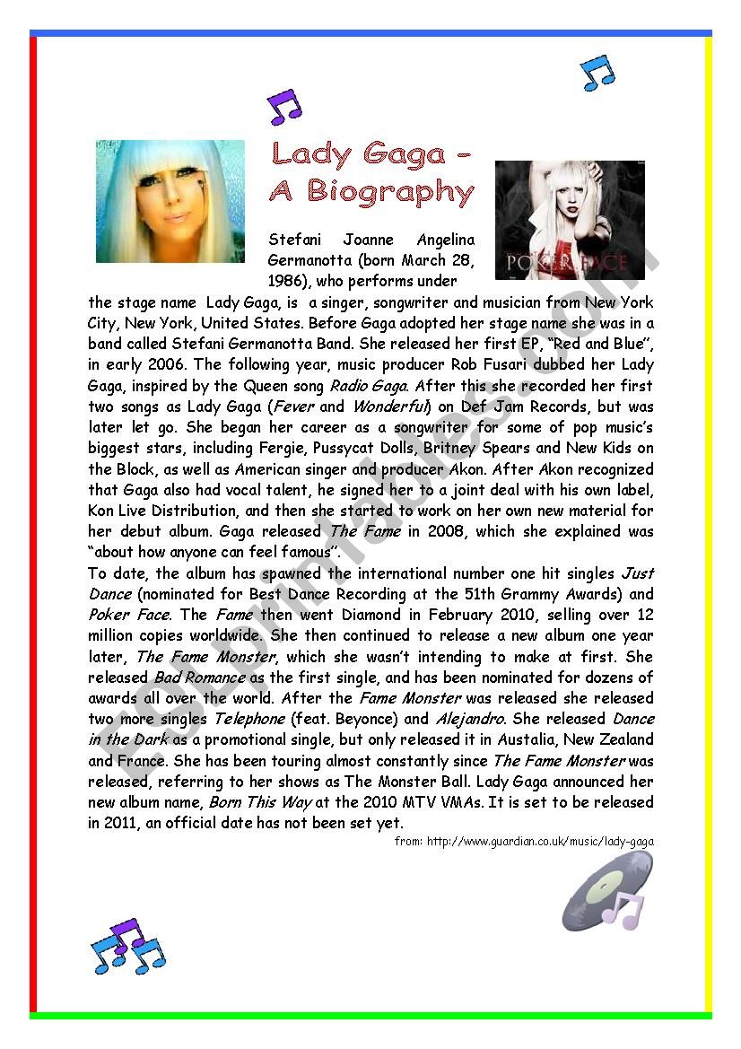 Lady Gaga - A Biography worksheet