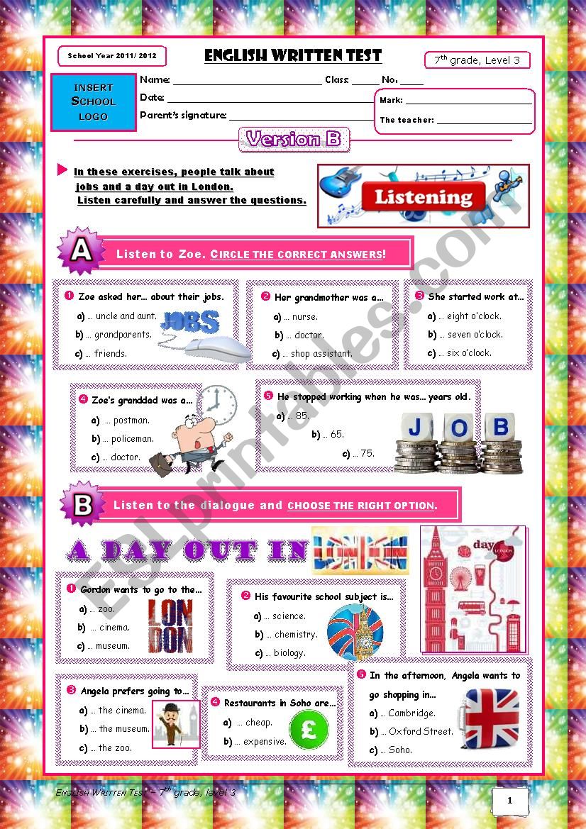 Jobs+Places in Town+Transports - 7th grade test (Version B) 1/3