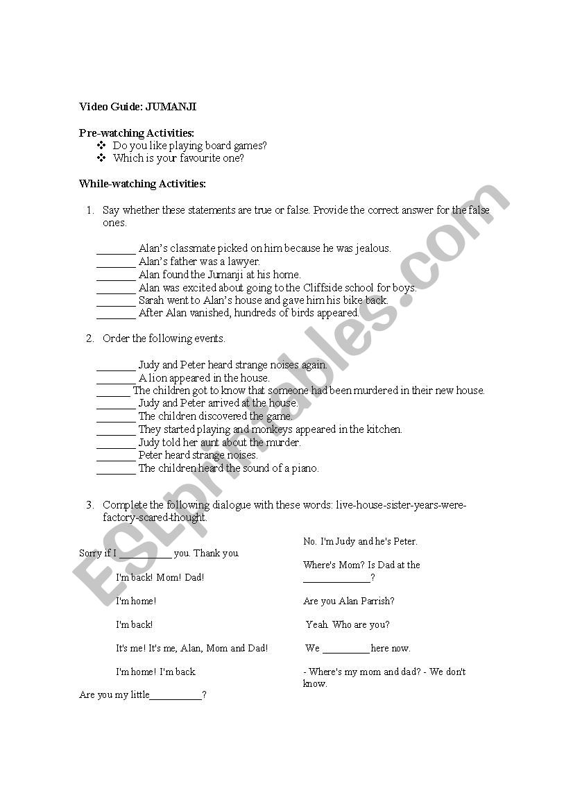 Jumanji Video Guide worksheet