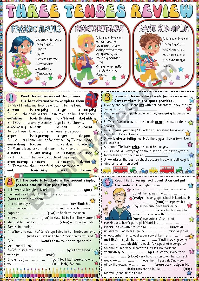 THREE TENSES REVIEW PRESENT SIMPLE PRESENT CONTINUOUS PAST SIMPLE THE KEY IS INCLUDED ESL