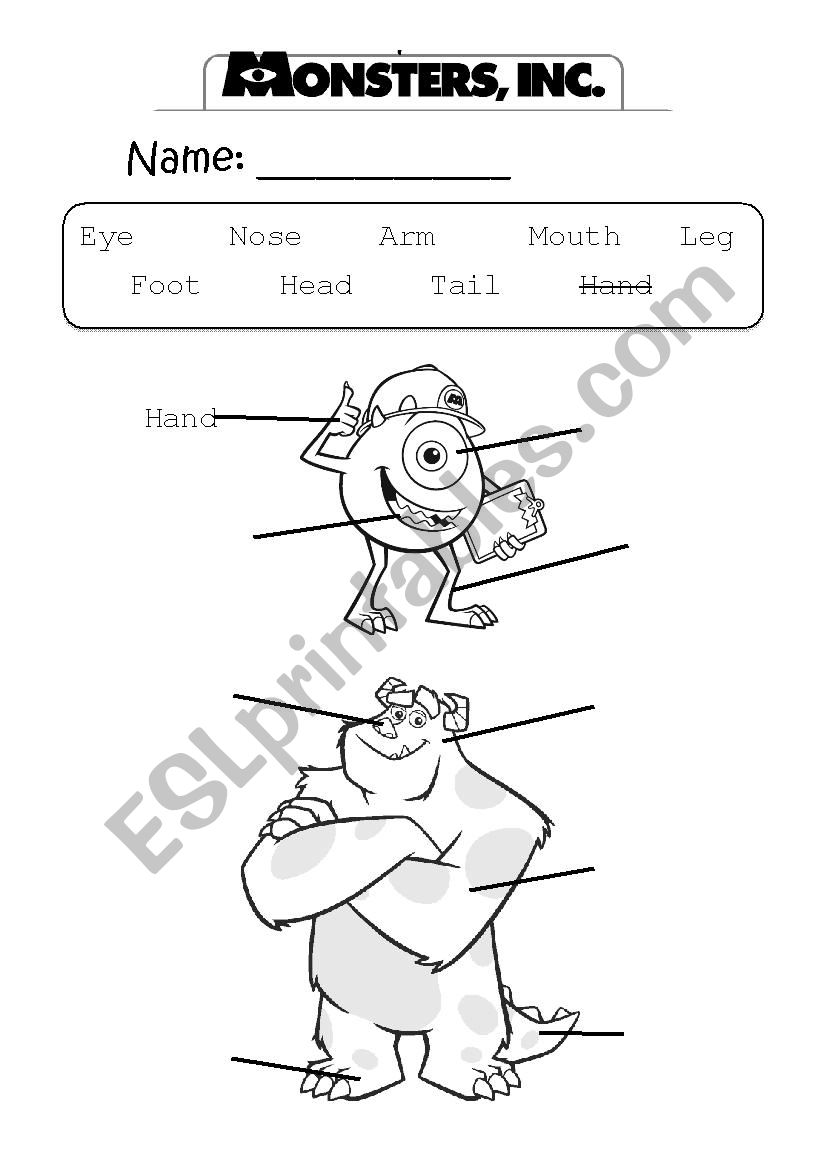 Monsters Inc. Body Parts worksheet