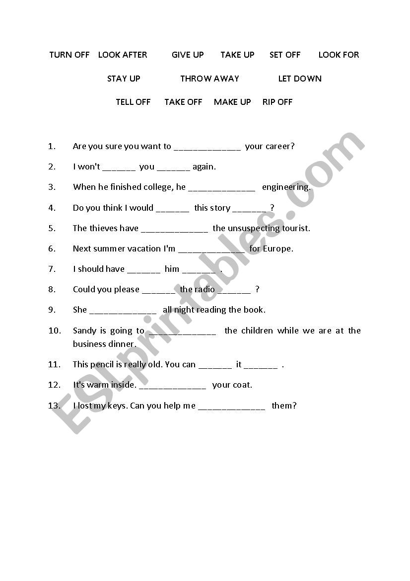 Phrasal verbs exercise 2 worksheet