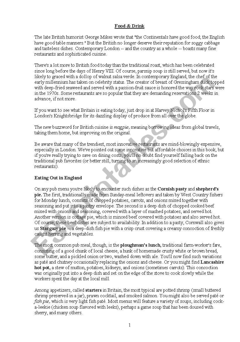 Food and drink worksheet