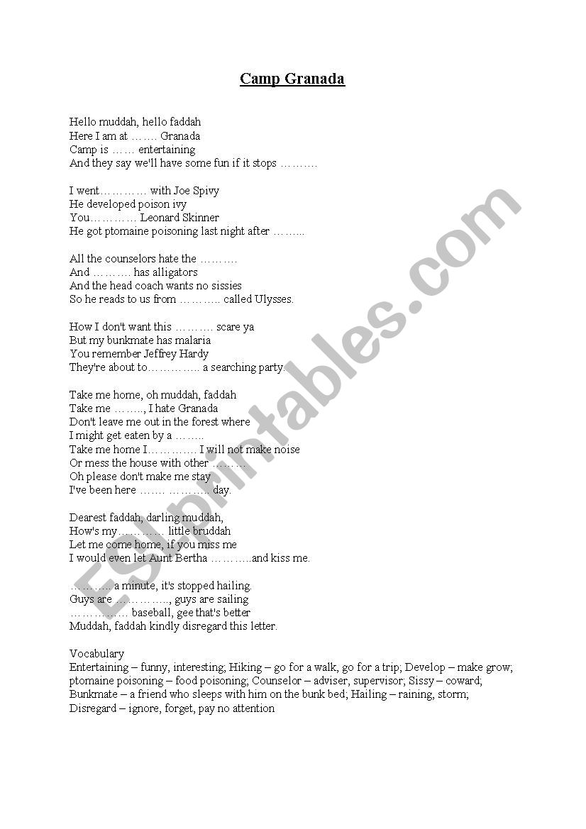 Camp Grenada worksheet