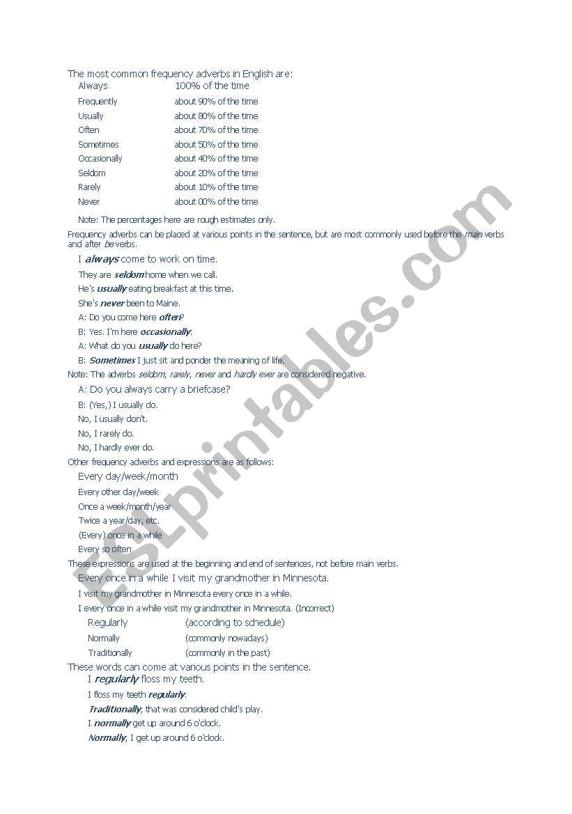 frequency adverbs  worksheet