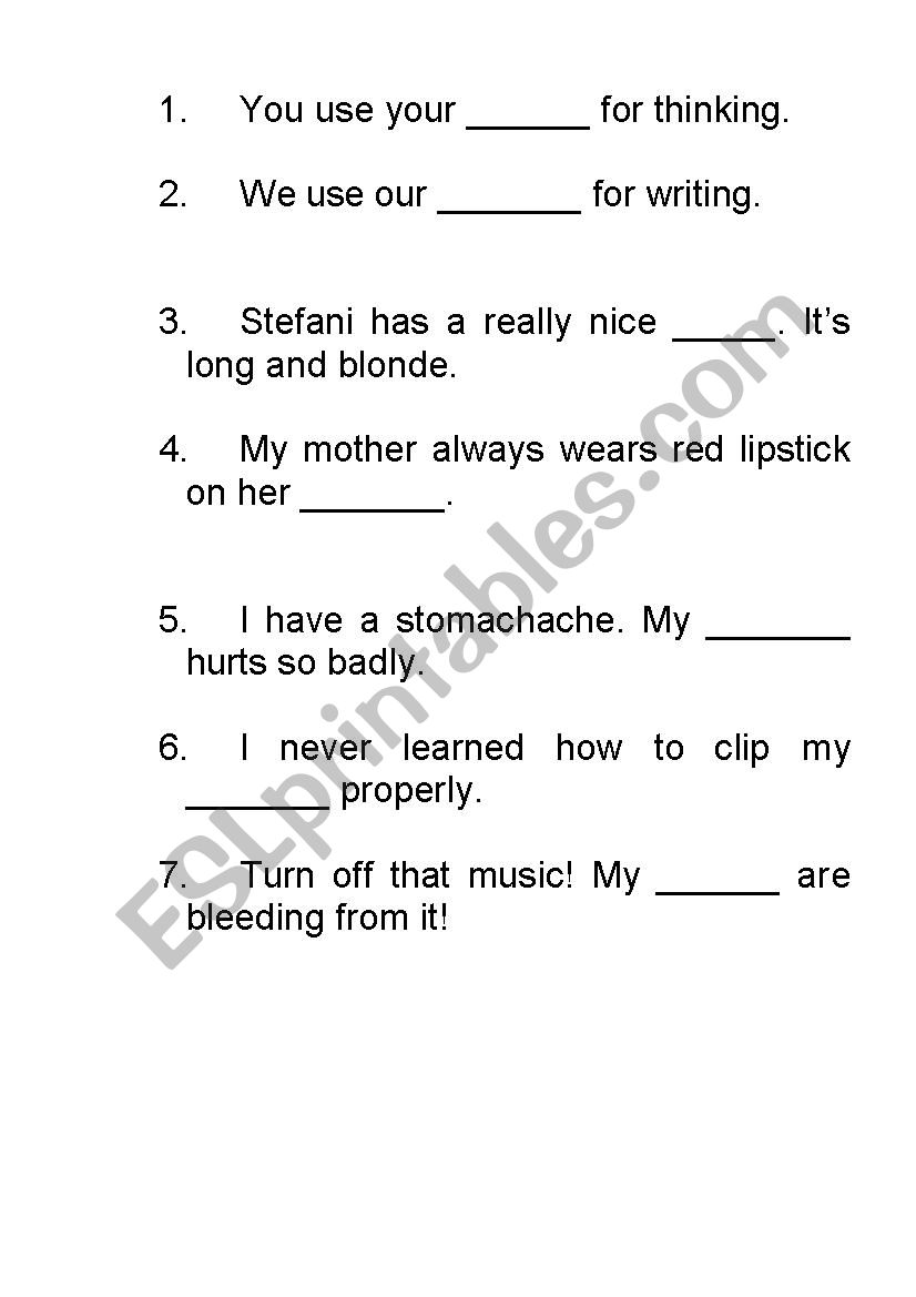 Body parts worksheet