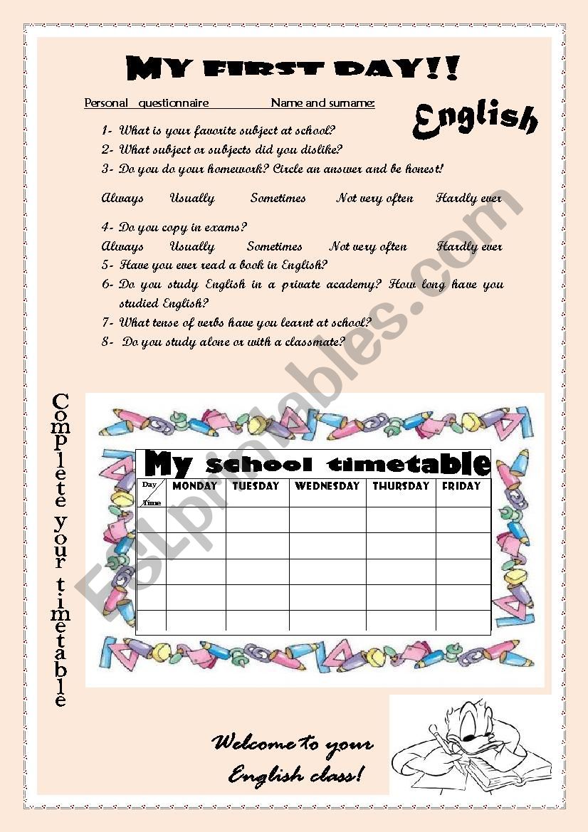 My first day at school worksheet