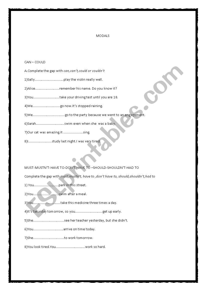 Modals worksheet