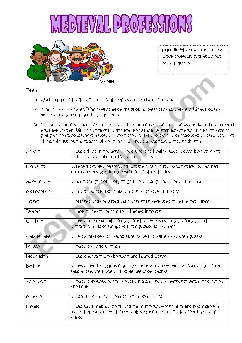 Medievial Professions worksheet