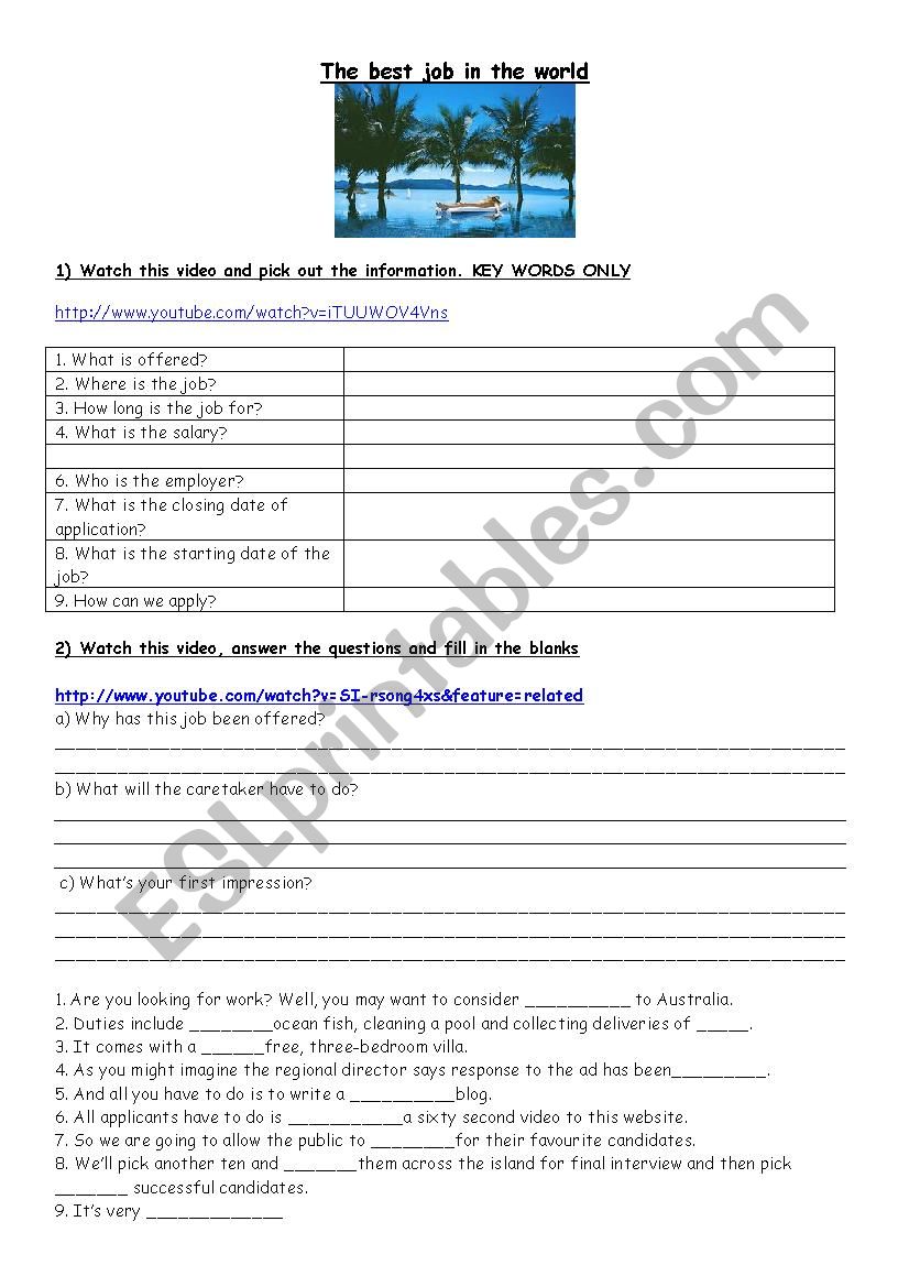 The best job in the world worksheet