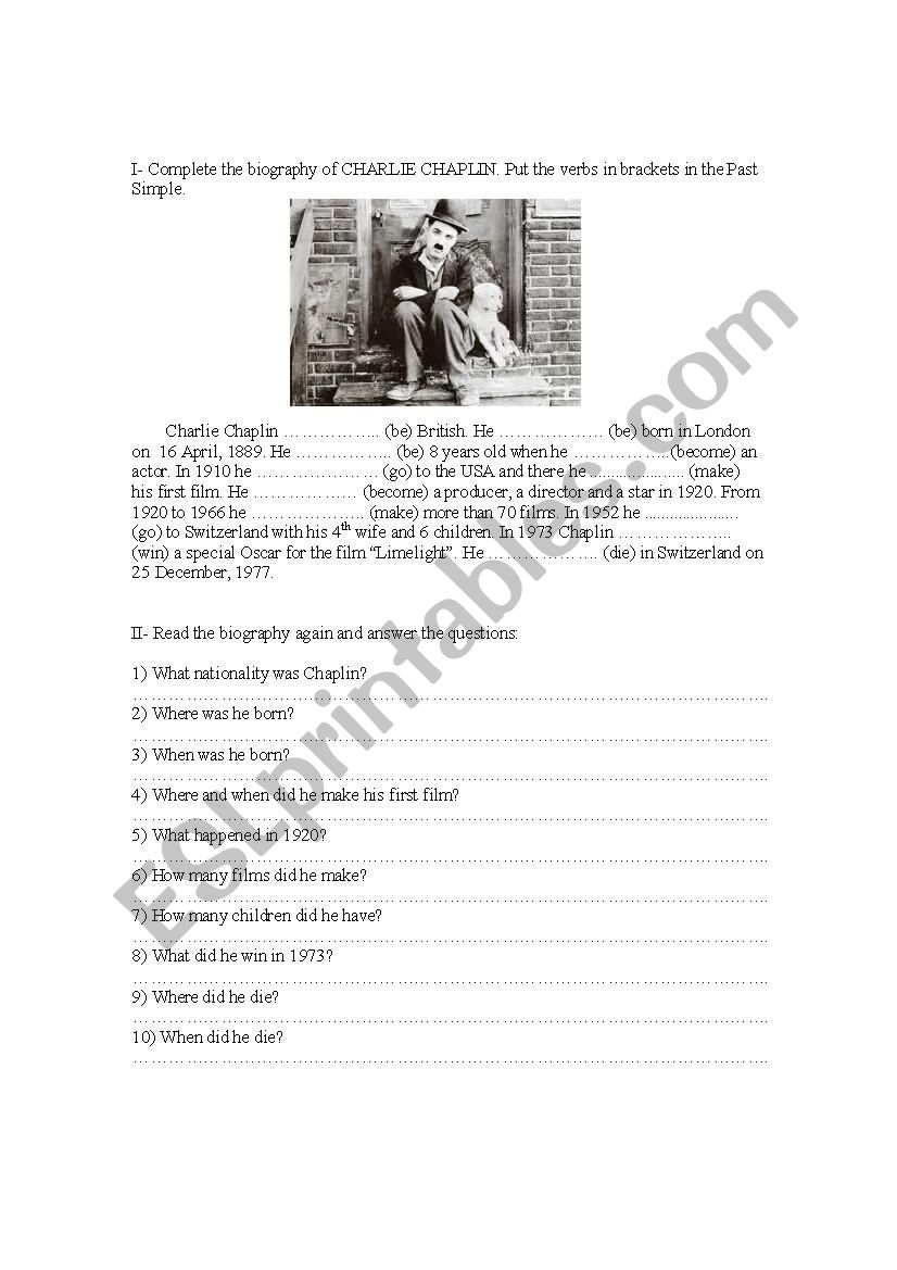 Biography of Charlie Chaplin worksheet