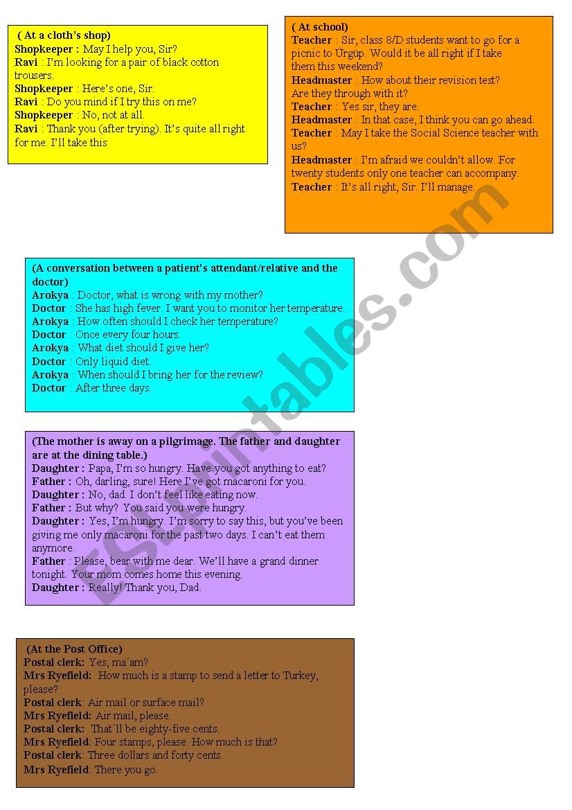 daily-life role play cards worksheet