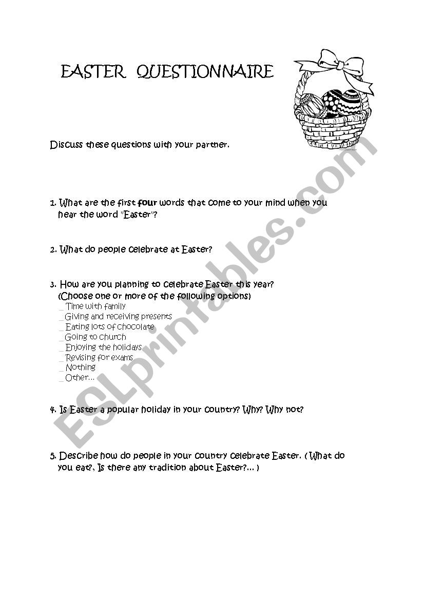 Easter questionnaire worksheet