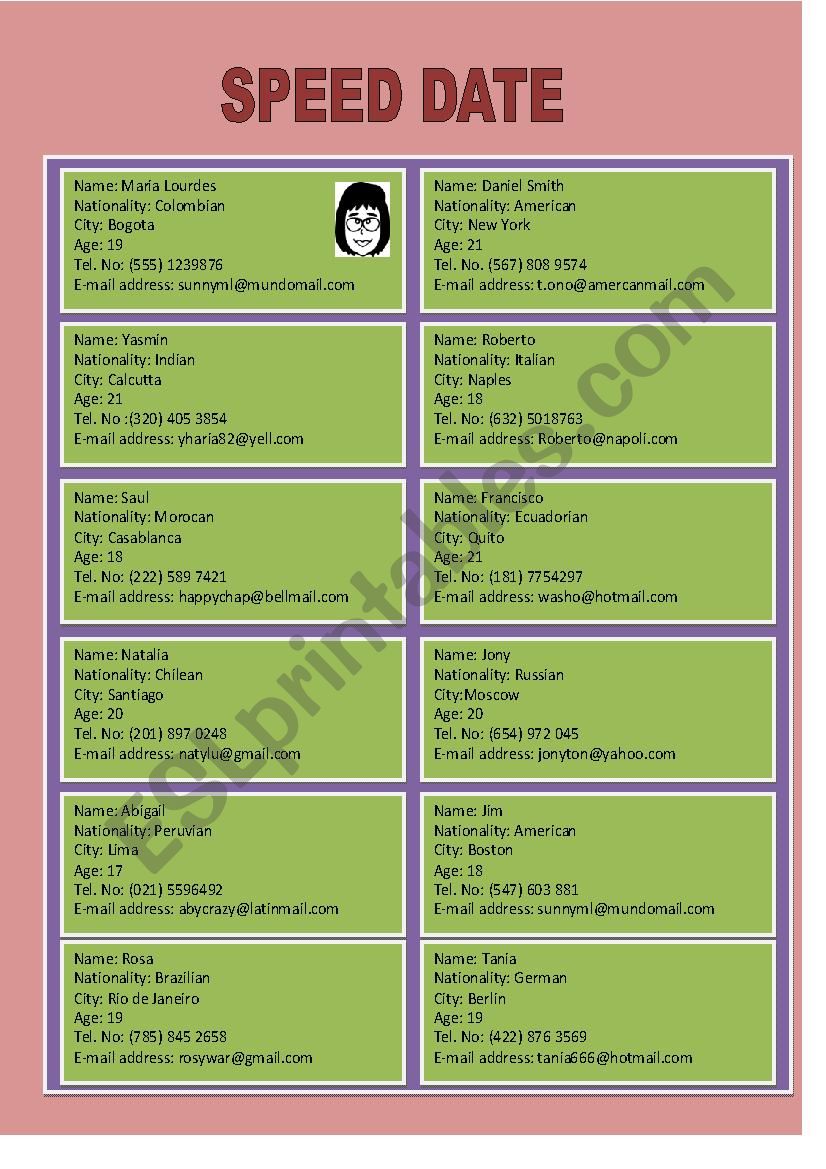 Speed date Game worksheet