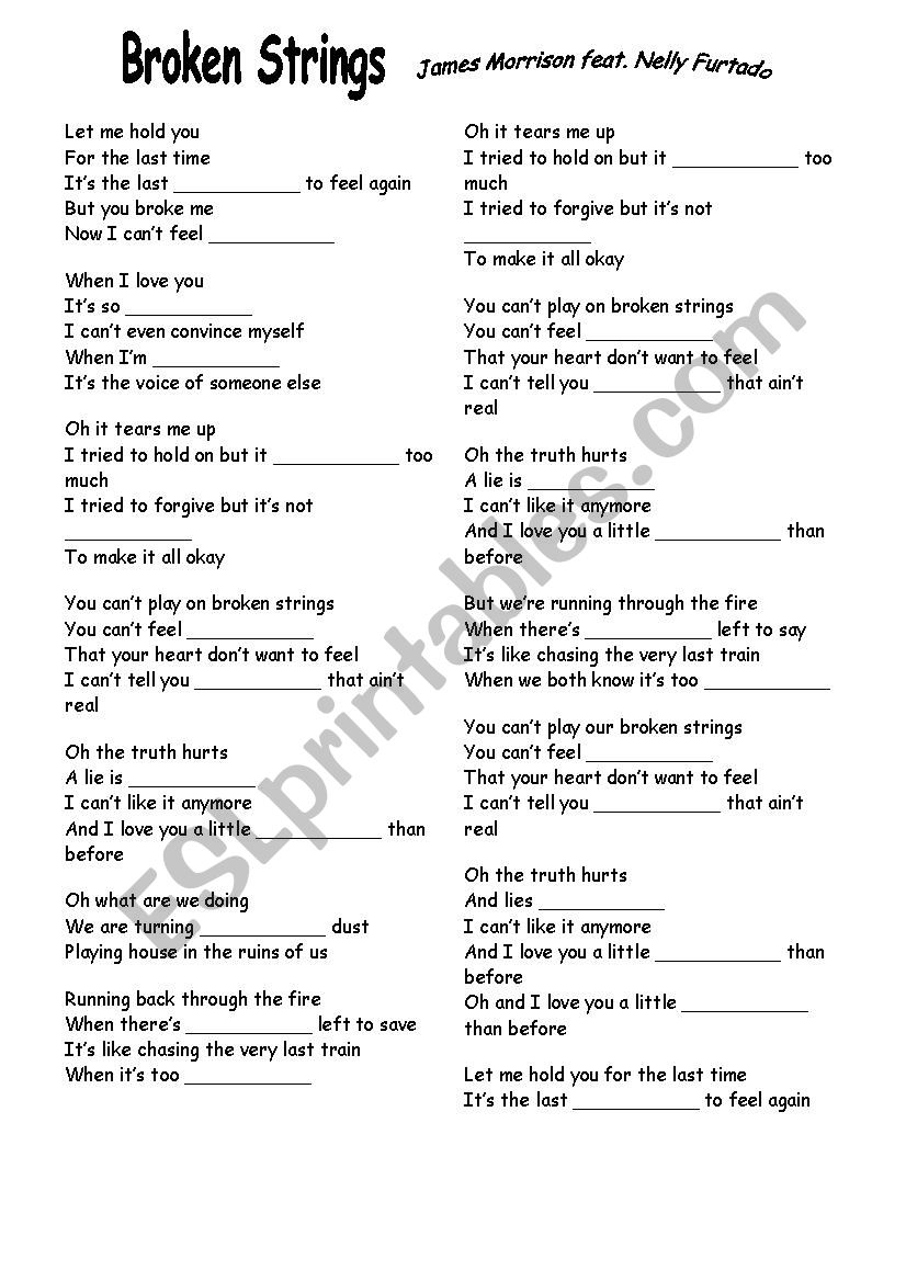 Broken strings- song worksheet