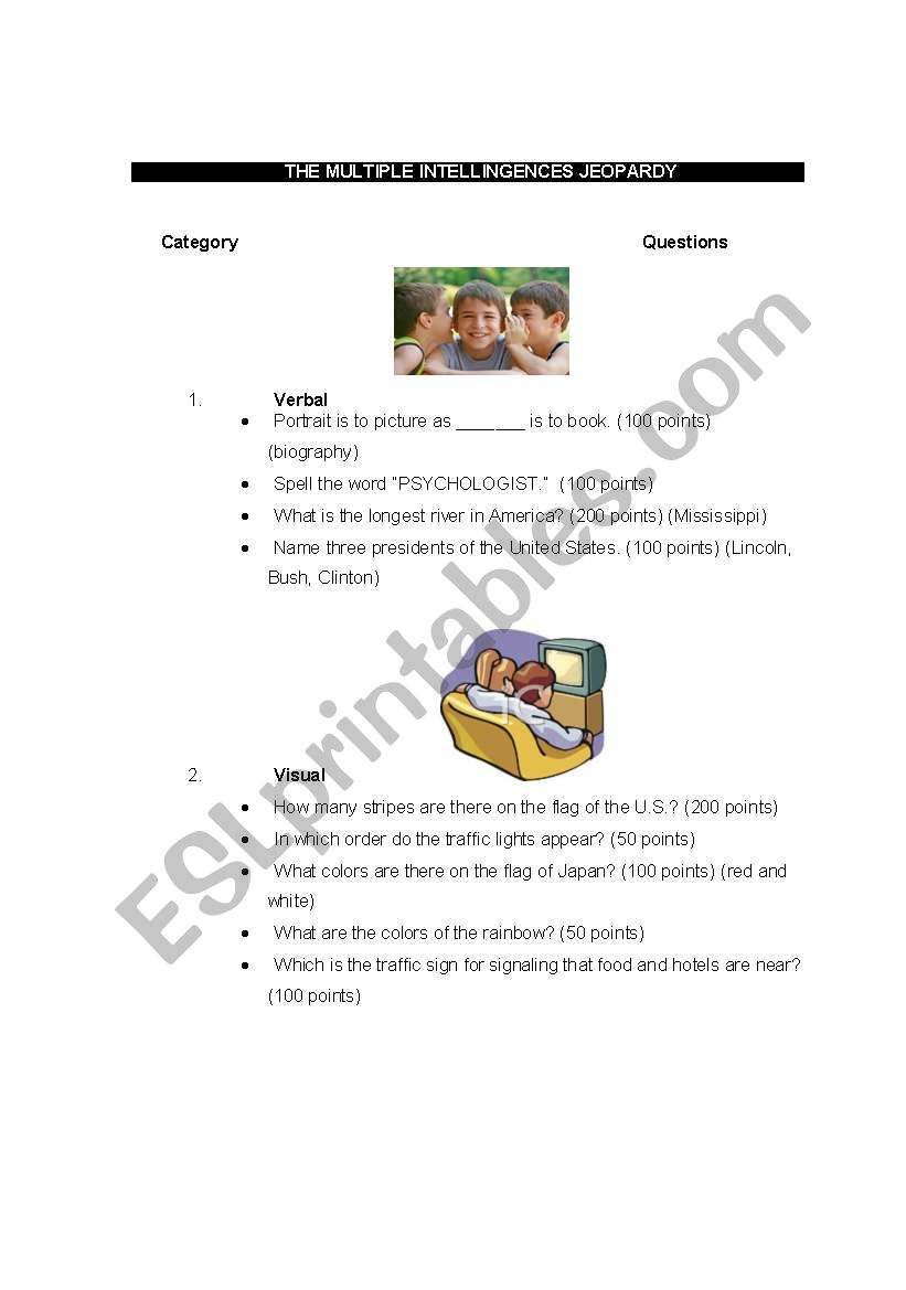 THE MULTIPLE INTELLIGENCES JEOPARDY