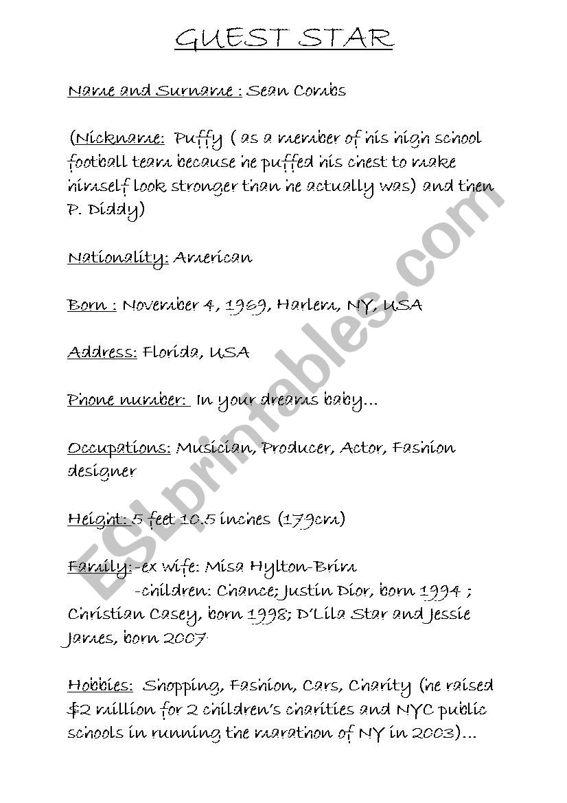 Puff DaddyÂ´s ID CARD 1/3 worksheet