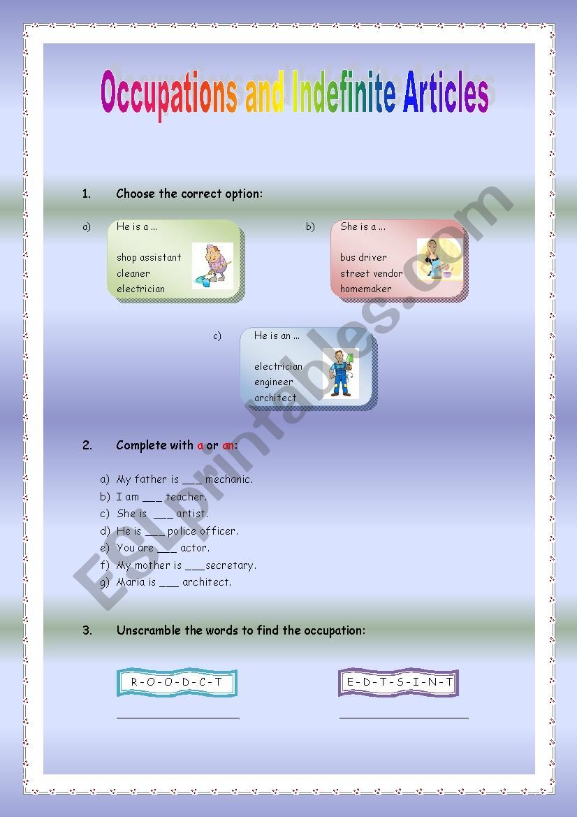 Occupations and Indefinite articles