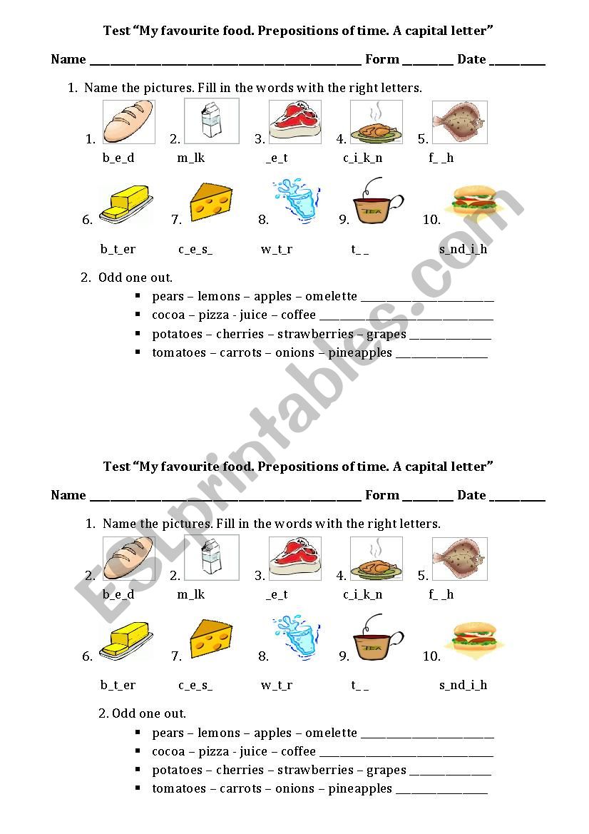 Food. Preposition of time. A capital letter