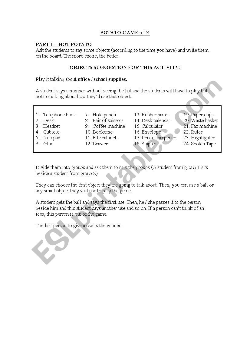 Potato Game - Vegetables worksheet