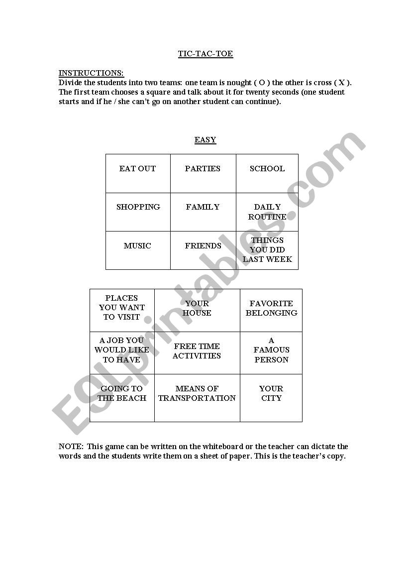 Tic - tac - toe worksheet