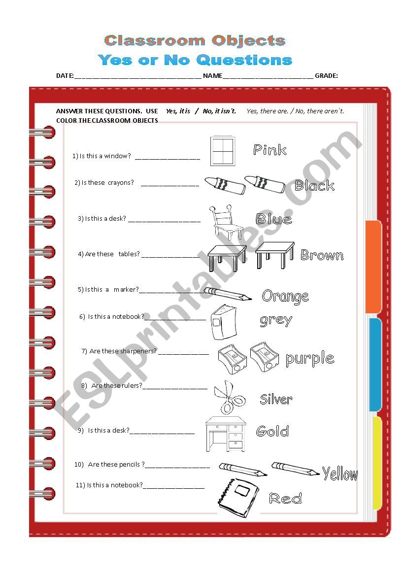 CLASSROOM OBJECTS. YES OR NO QUESTIONS