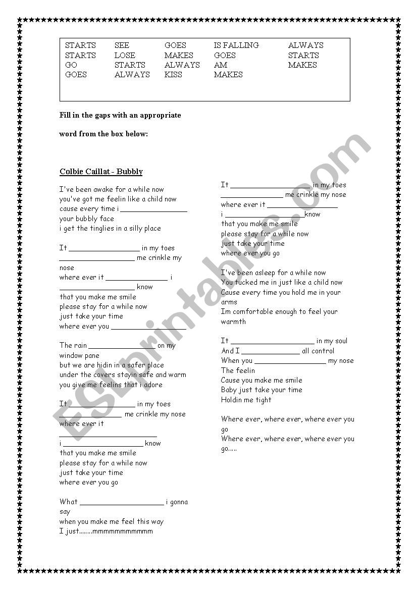 Colbie Caillat - Bubbly  worksheet