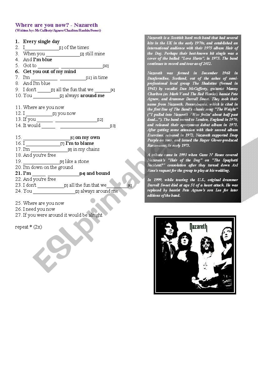 Where are You now - Nazareth worksheet