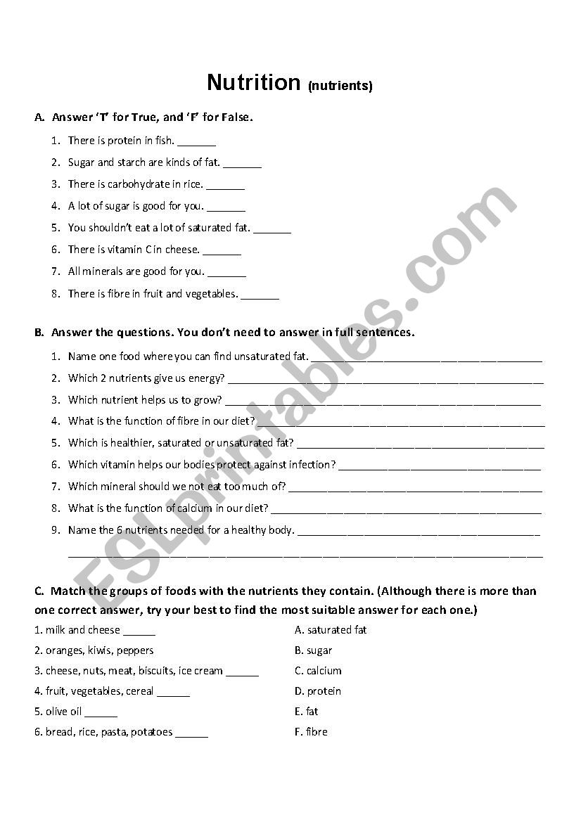 Nutrient functions worksheet answers