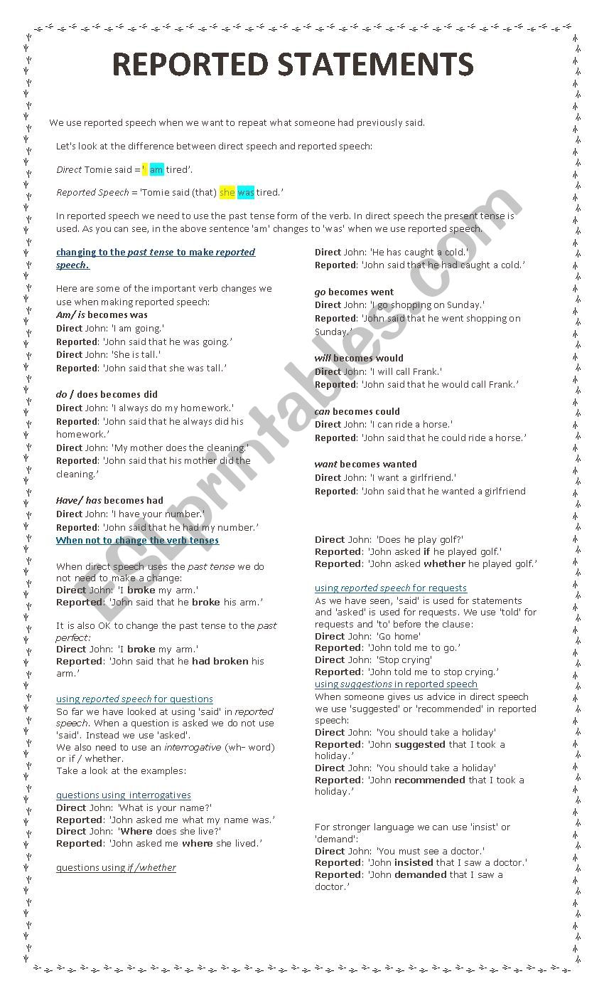 Reported Statements worksheet