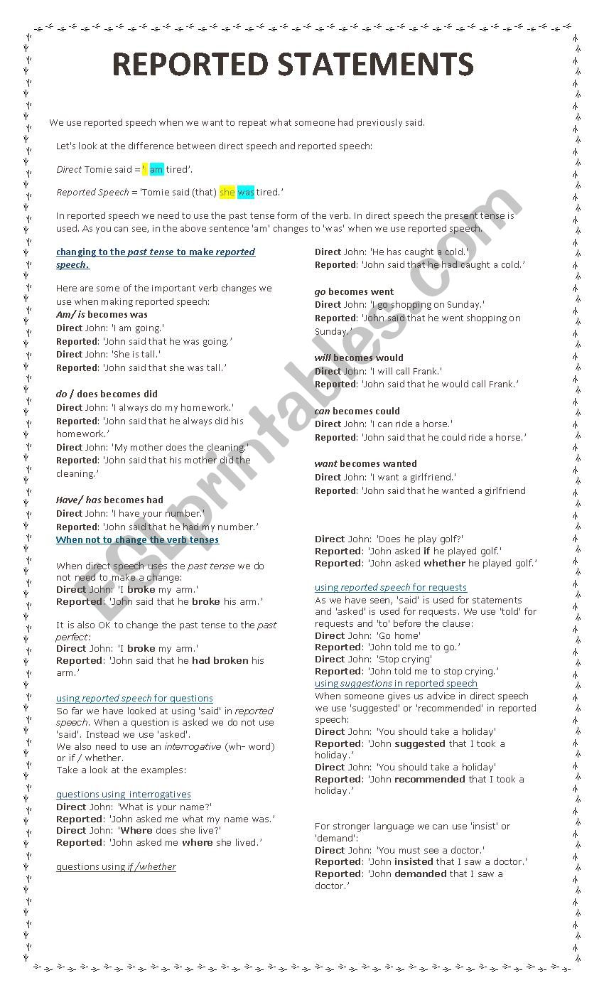 Reported Statements worksheet