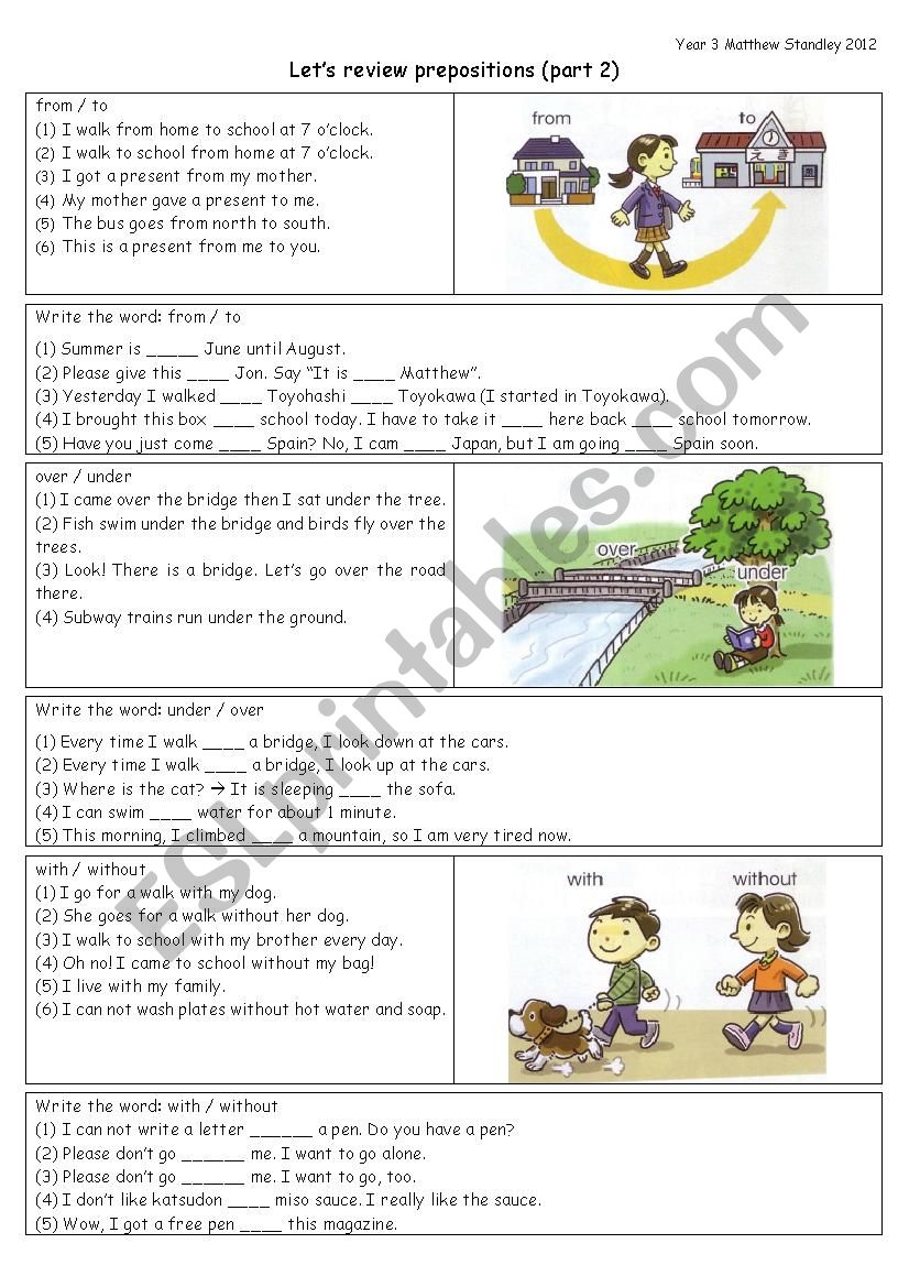 PREPOSITIONS review: from to / over under / with without / on off