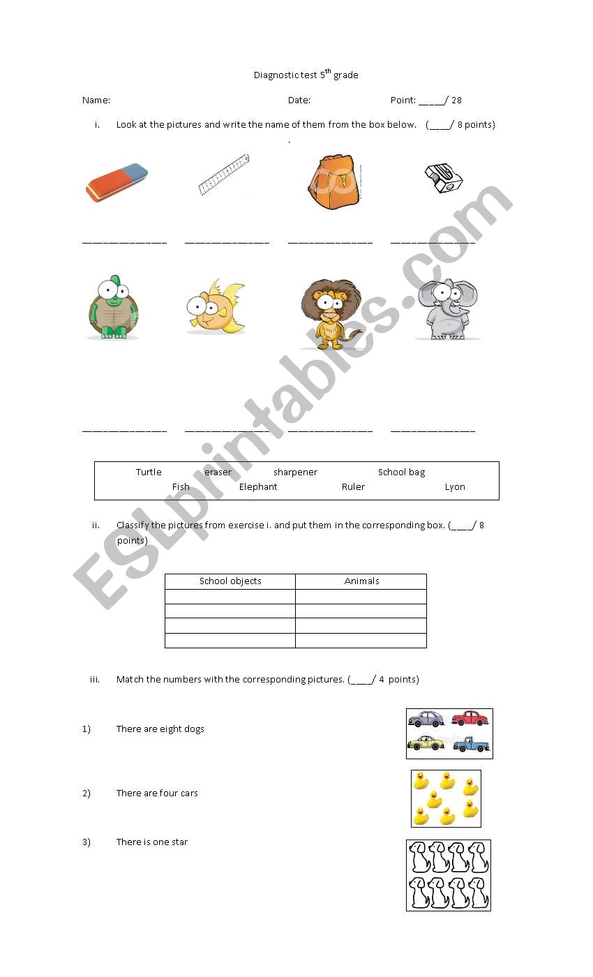 5th graders placement  test worksheet