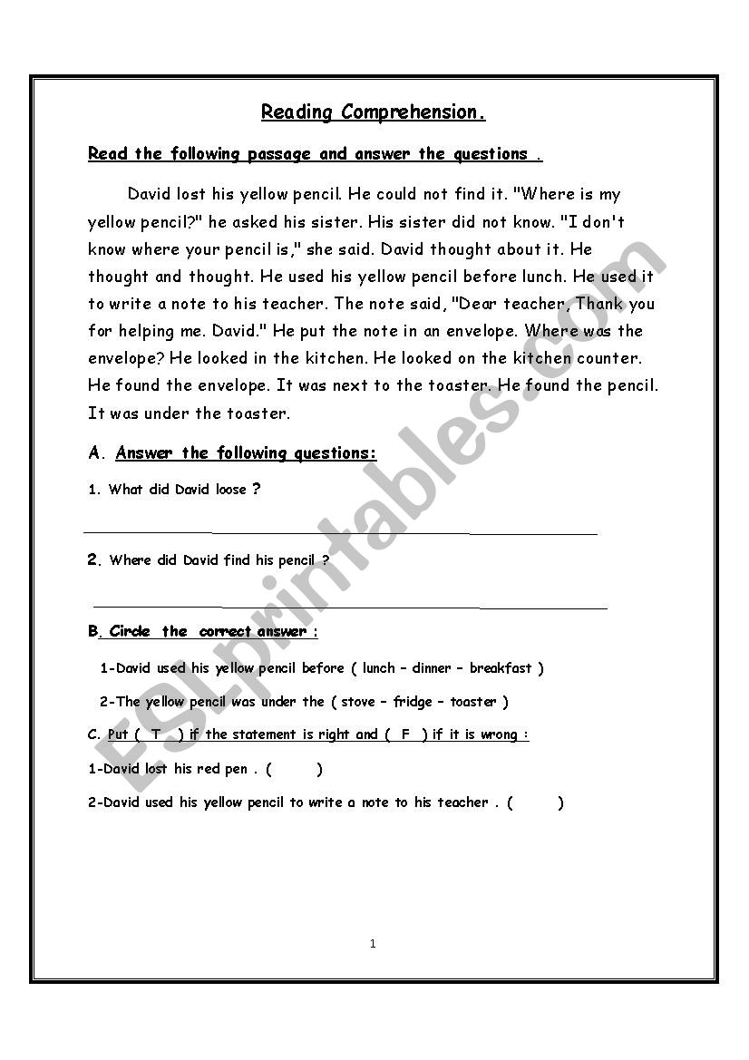 Davids lost pencil  worksheet