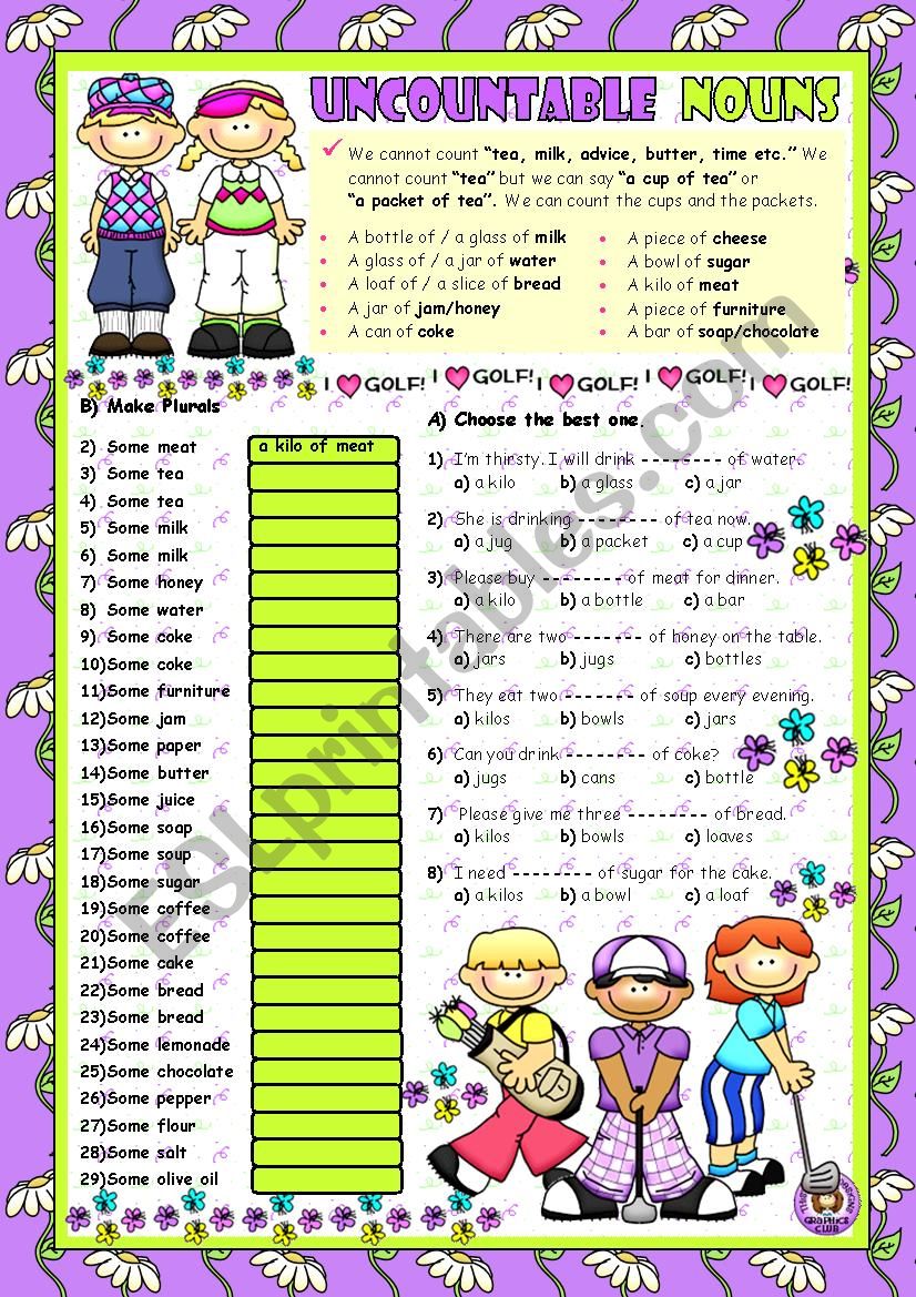 UNCOUNTABLE NOUNS worksheet