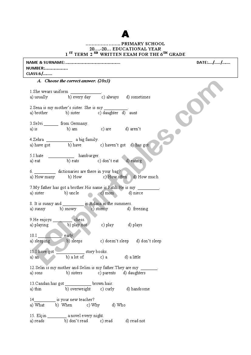 an exam for 6th grade students in turkey 