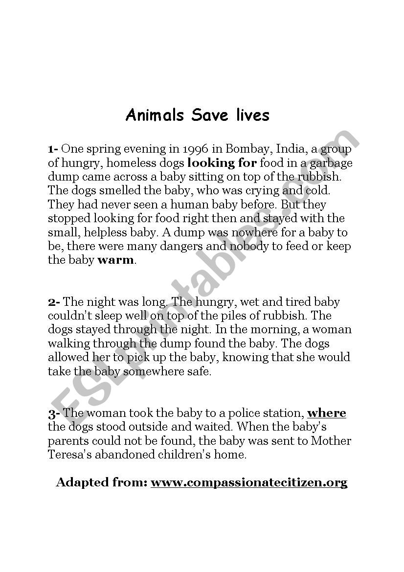 Animals can save lives worksheet