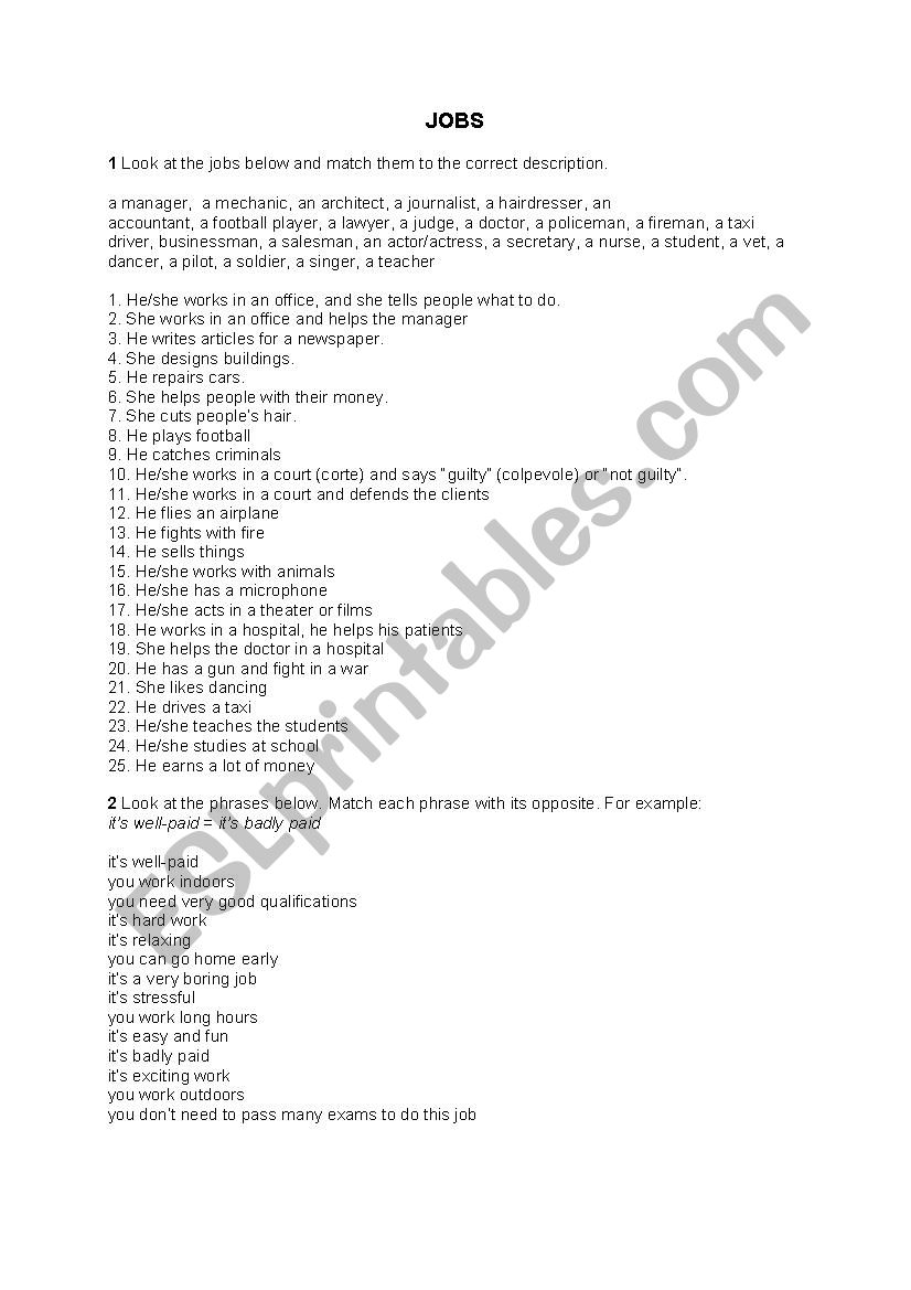 Jobs worksheet