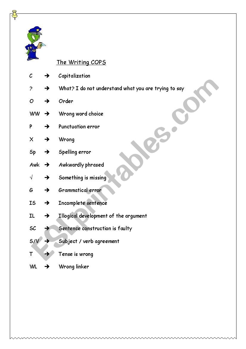 writing correction code worksheet