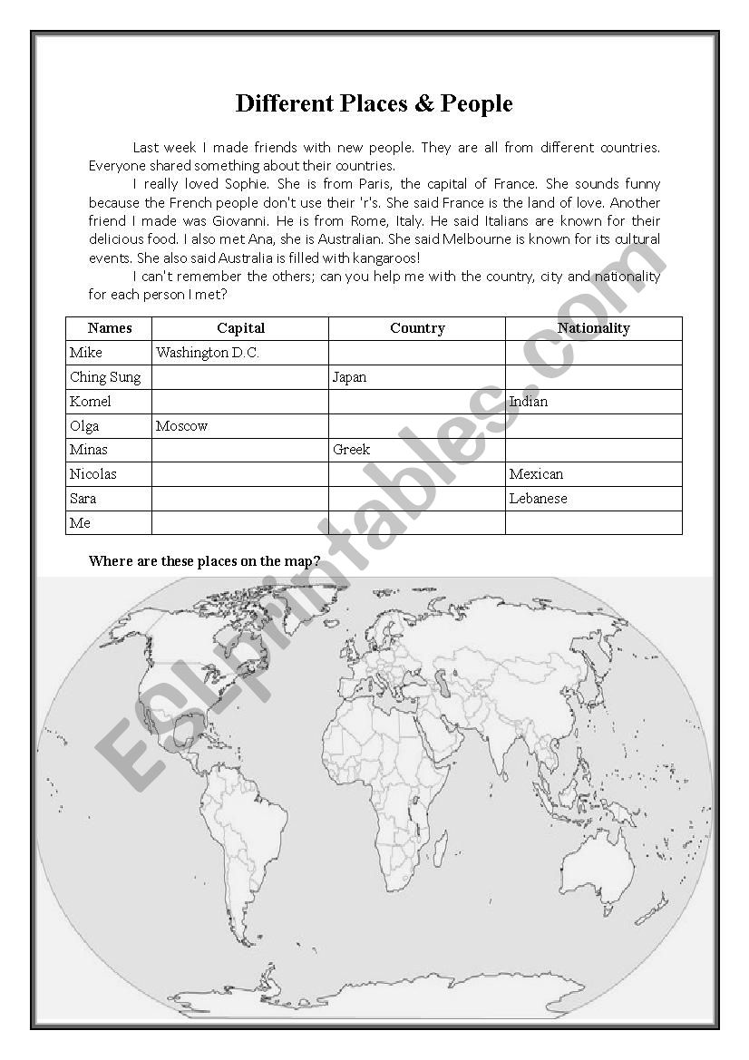 Different Places worksheet