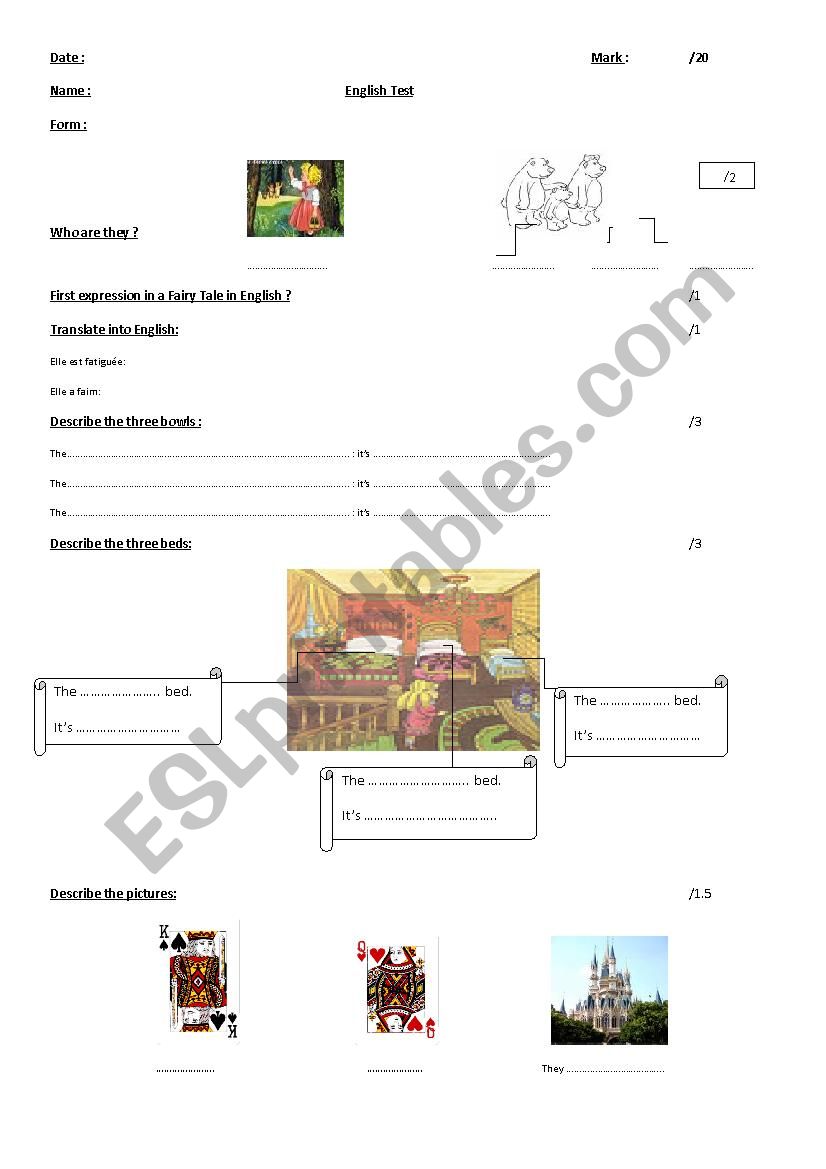 Snow White test  worksheet